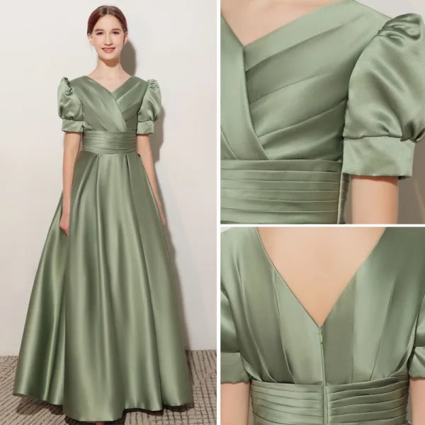 Elegant Sage Green Birthday Flower Girl Dresses 2021 A-Line / Princess Satin V-Neck Short Sleeve Floor-Length / Long Flower Girl Dresses