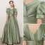 Elegant Sage Green Birthday Flower Girl Dresses 2021 A-Line / Princess Satin V-Neck Short Sleeve Floor-Length / Long Flower Girl Dresses