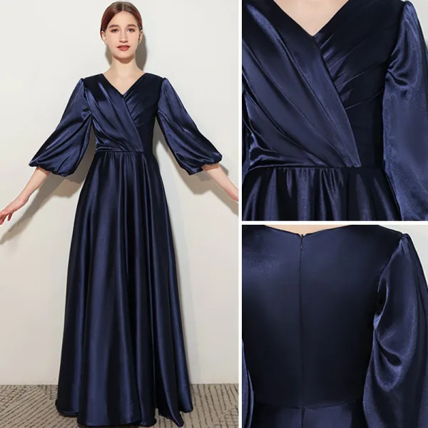 Elegant Navy Blue Satin Birthday Flower Girl Dresses Party Dresses 2021 A-Line / Princess V-Neck 1/2 Sleeves Floor-Length / Long Flower Girl Dresses
