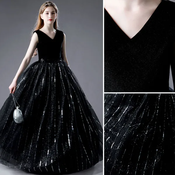 Charming Black Sequins Birthday Flower Girl Dresses Party Dresses 2021 Ball Gown V-Neck Sleeveless Floor-Length / Long Flower Girl Dresses
