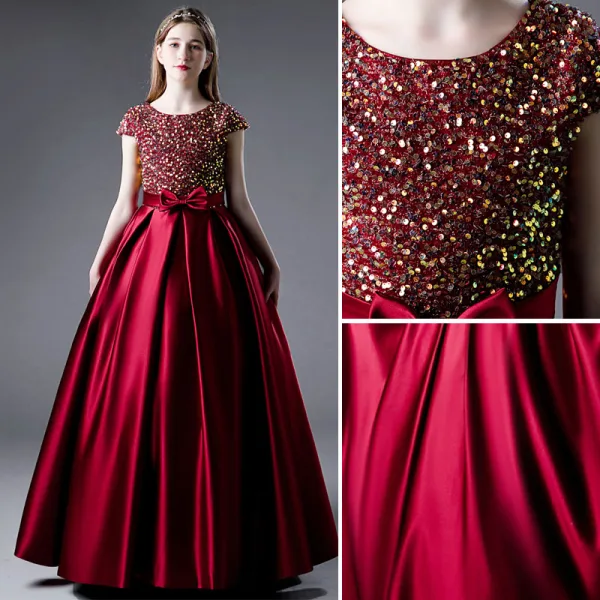 Charming Burgundy Party Dresses Flower Girl Dresses 2021 A-Line / Princess Scoop Neck Satin Short Sleeve Bow Sash Sequins Birthday Floor-Length / Long Flower Girl Dresses