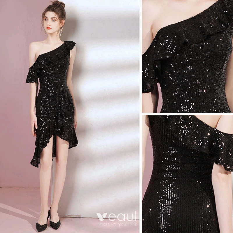Sexy Black Sequins Asymmetrical Evening Dresses 2021 One-Shoulder Zipper Up  at Side Short Sleeve Backless Formal Dresses