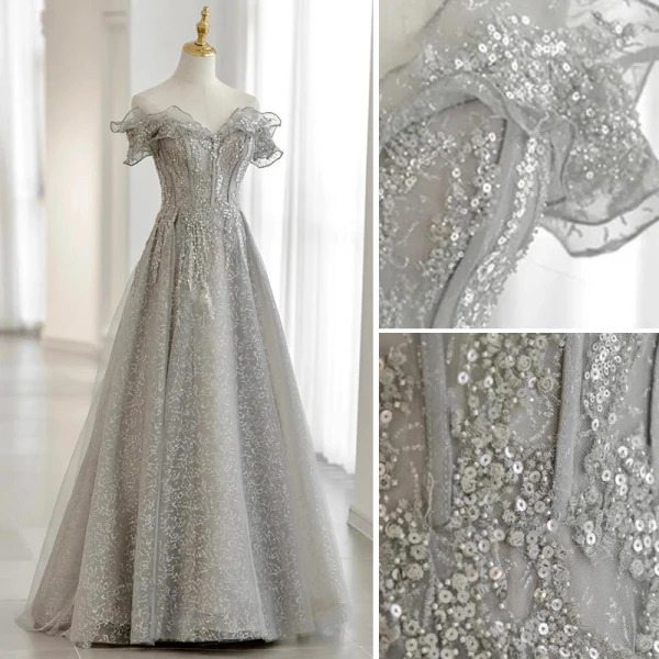 Charming Silver Beading Sequins Lace Flower Prom Dresses 2021 A-Line / Princess Off-The-Shoulder Short Sleeve Backless Floor-Length / Long Prom Formal Dresses