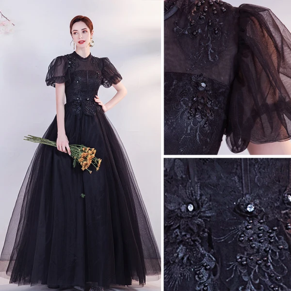 Élégant Noire En Dentelle Fleur Robe De Bal 2021 Princesse Col Haut Perle Faux Diamant Gonflée Manches Courtes Dos Nu Promo Longue Robe De Ceremonie
