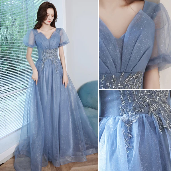 Élégant Océan Bleu Robe De Bal 2021 Princesse V-Cou Perlage Perle Paillettes Manches Courtes Longue Robe De Bal