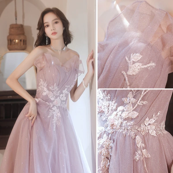 Chic / Beautiful Dusky Pink Glitter Prom Dresses 2021 A-Line / Princess Strapless Beading Sequins Lace Flower Sleeveless Backless Floor-Length / Long Formal Dresses