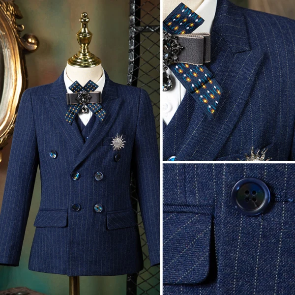 Fashion Navy Blue Striped Long Sleeve Boys Wedding Suits 2021 Body Jewellery Coat Pants Shirt Tie Vest