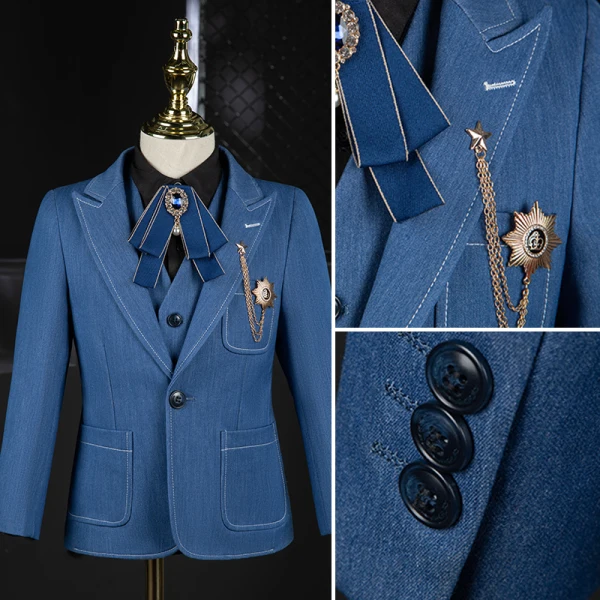 Fashion Ocean Blue Boys Wedding Suits 2021 Long Sleeve Rhinestone Bow Body Jewellery Coat Pants Shirt Vest