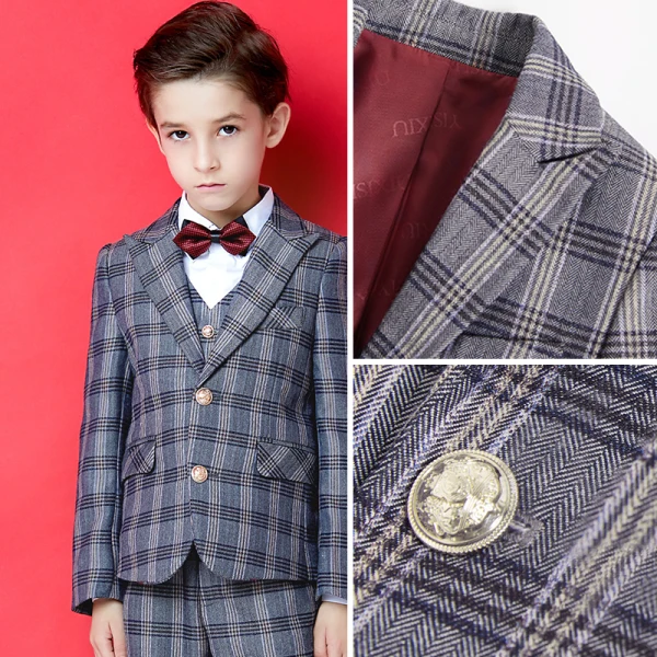 Modest / Simple Grey Boys Wedding Suits 2021 Bow Tie Long Sleeve Coat Pants Shirt Vest
