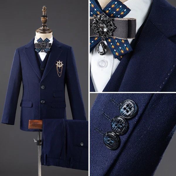 Mode Bleu Marine Manches Longues Costume Garçon Mariage 2021 Faux Diamant Noeud Cravate