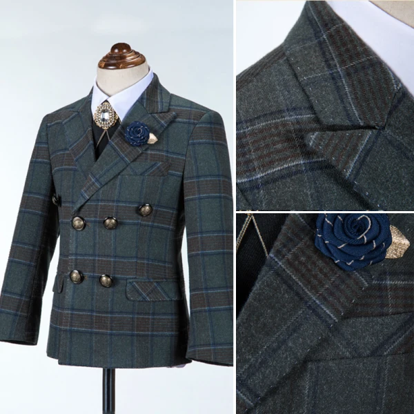 Mode Manches Longues Plaid Costume Garçon Mariage 2021 Mariage Manteau Pantalon Chemise Gilet