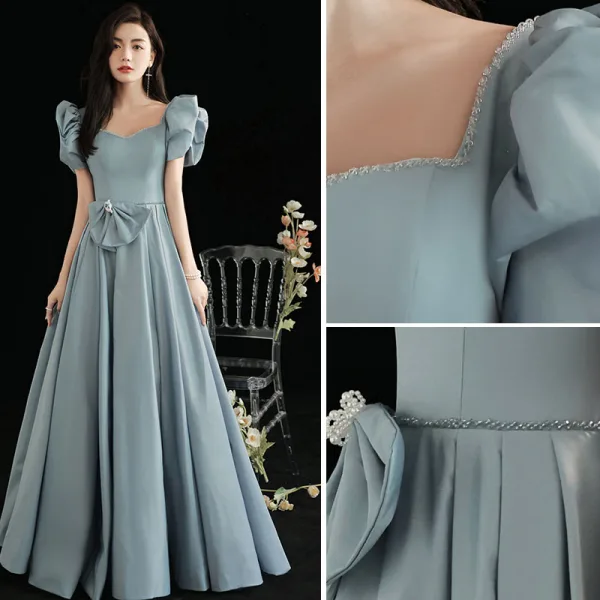 Vintage / Originale Bleu Ciel Robe De Bal 2021 Princesse Encolure Carrée Perle Gonflée Manches Courtes Dos Nu Longue Robe De Ceremonie