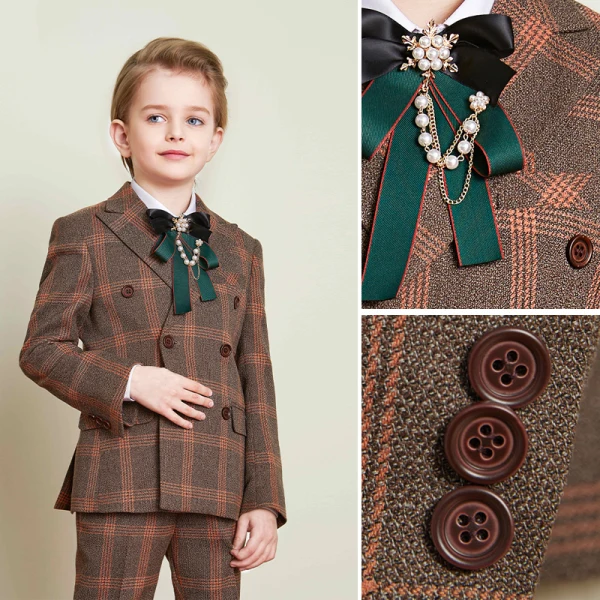 Fashion Brown Plaid Boys Wedding Suits 2021 Long Sleeve Body Jewellery Coat Pants Shirt Vest