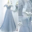 Charming Sky Blue Glitter Pleated Prom Dresses 2021 A-Line / Princess Ruffle Off-The-Shoulder Short Sleeve Floor-Length / Long Formal Dresses