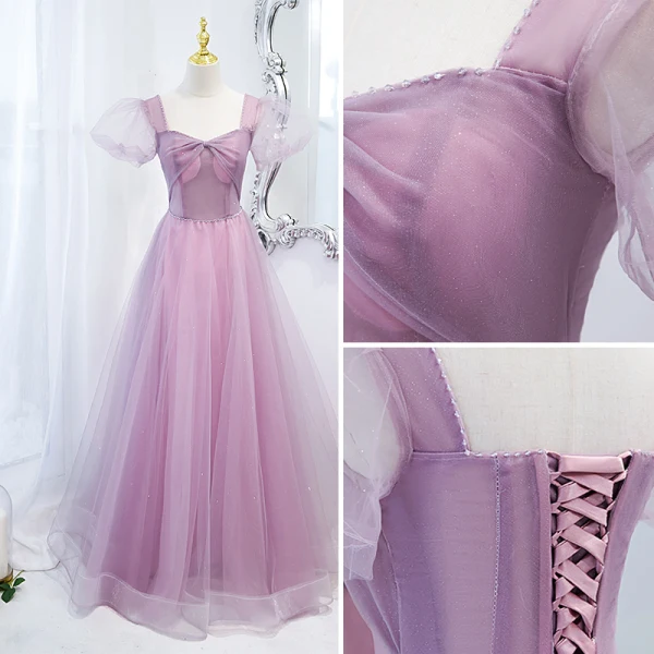 Elegant Lilac Beading Prom Dresses 2021 A-Line / Princess Square Neckline Puffy Short Sleeve Backless Floor-Length / Long Formal Dresses