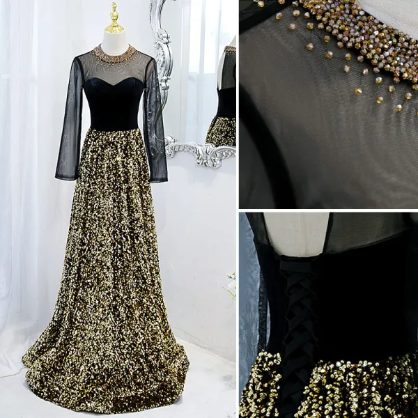Charming Black Gold Beading Rhinestone Sequins Evening Dresses 2021 A-Line / Princess Scoop Neck Long Sleeve Floor-Length / Long Formal Dresses