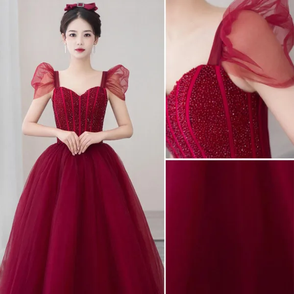 Elegant Burgundy Beading Rhinestone Prom Dresses 2021 A-Line / Princess Square Neckline Short Sleeve Backless Prom Floor-Length / Long Formal Dresses