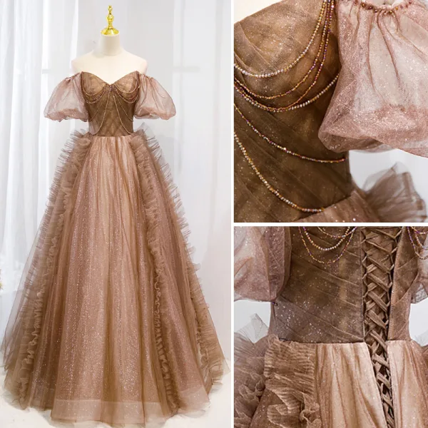 Fashion Brown Beading Sequins Rhinestone Backless Pierced Prom Dresses 2021 A-Line / Princess Off-The-Shoulder Puffy Short Sleeve Floor-Length / Long Formal Dresses