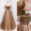 Fashion Brown Beading Sequins Rhinestone Backless Pierced Prom Dresses 2021 A-Line / Princess Off-The-Shoulder Puffy Short Sleeve Floor-Length / Long Formal Dresses