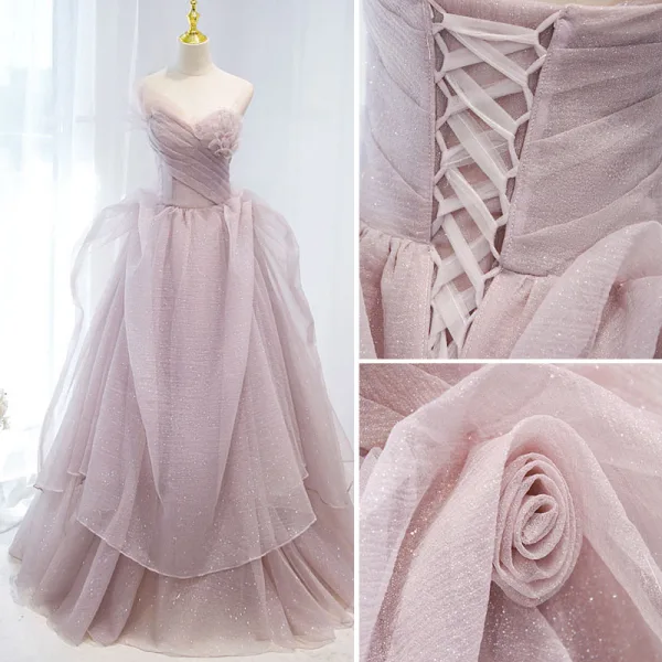 Charming Fashion Dusky Pink Cascading Ruffles Prom Dresses 2021 A-Line / Princess Strapless Sleeveless Backless Floor-Length / Long Prom Formal Dresses