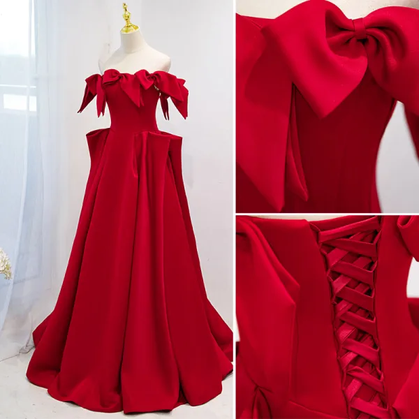 Elegant Burgundy Satin Prom Dresses 2021 A-Line / Princess Off-The-Shoulder Short Sleeve Backless Floor-Length / Long Formal Dresses