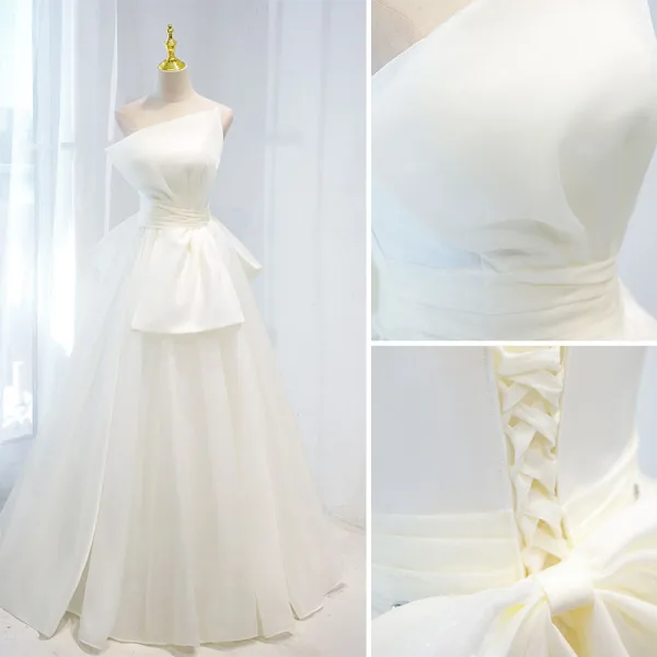 Elegant Ivory Satin Prom Dresses 2021 A-Line / Princess Strapless Sleeveless Backless Bow Prom Floor-Length / Long Formal Dresses