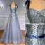 High End Glitzernden Grau Himmelblau Abendkleider 2021 A Linie Spaghettiträger Handgefertigt Perlenstickerei Pailletten Ärmellos Rückenfreies Stoffgürtel Lange Festliche Kleider
