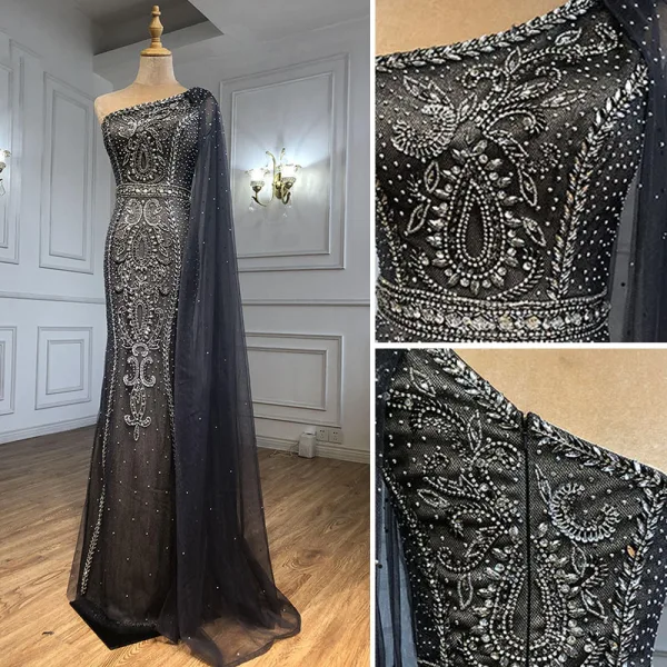 High-end Grey Beading Rhinestone Evening Dresses 2021 Trumpet / Mermaid One-Shoulder Sleeveless Backless Floor-Length / Long Evening Party Formal Dresses