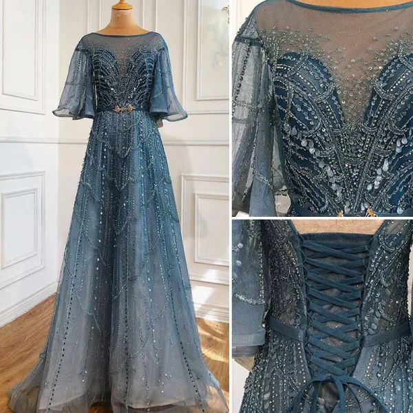 Charmant High End Meeresblau Abendkleider 2021 A Linie Rundhalsausschnitt Perlenstickerei Strass Pailletten 1/2 Ärmel Rückenfreies Stoffgürtel Lange Festliche Kleider