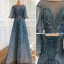 Charmant High End Meeresblau Abendkleider 2021 A Linie Rundhalsausschnitt Perlenstickerei Strass Pailletten 1/2 Ärmel Rückenfreies Stoffgürtel Lange Festliche Kleider