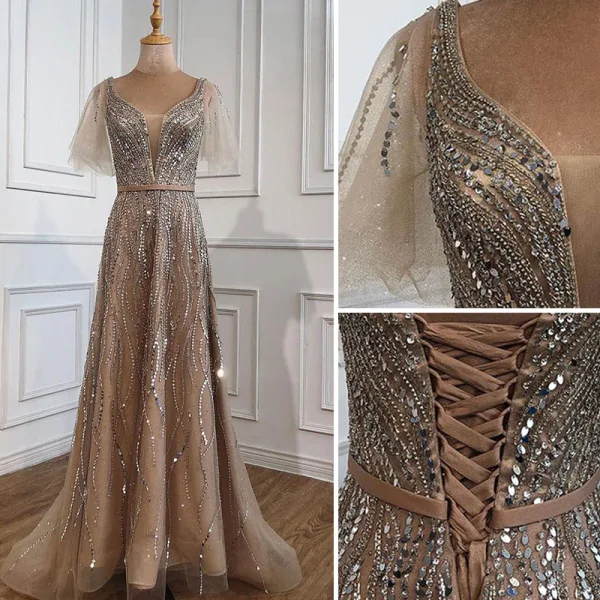 Sparkly High-end Beading Sequins Gold Evening Dresses 2021 A-Line / Princess Square Neckline Sash Short Sleeve Backless Floor-Length / Long Formal Dresses
