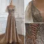 Sparkly High-end Beading Sequins Gold Evening Dresses 2021 A-Line / Princess Square Neckline Sash Short Sleeve Backless Floor-Length / Long Formal Dresses