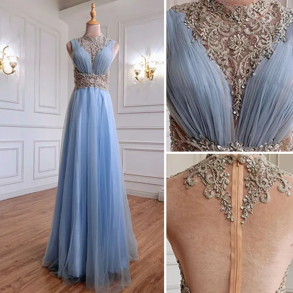 Fashion Sky Blue Beading Rhinestone Sequins Evening Dresses 2021 A-Line / Princess High Neck Sleeveless Floor-Length / Long Formal Dresses