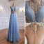 Fashion Sky Blue Beading Rhinestone Sequins Evening Dresses 2021 A-Line / Princess High Neck Sleeveless Floor-Length / Long Formal Dresses