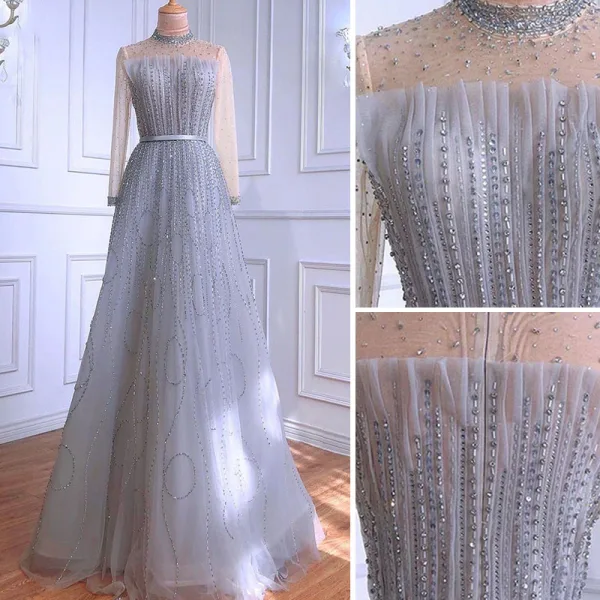 High-end Grey Beading Rhinestone Sequins Evening Dresses  2021 A-Line / Princess High Neck Long Sleeve Sash Floor-Length / Long Formal Dresses