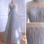 High-end Grey Beading Rhinestone Sequins Evening Dresses  2021 A-Line / Princess High Neck Long Sleeve Sash Floor-Length / Long Formal Dresses