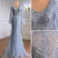 High-end Charming Sky Blue Evening Dresses 2021 Trumpet / Mermaid V-Neck Beading Rhinestone Long Sleeve Tassel Evening Party Floor-Length / Long Formal Dresses