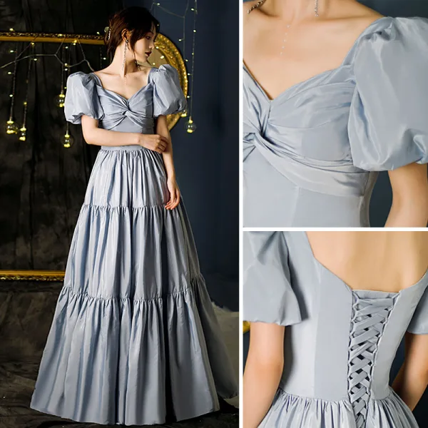 Chic / Beautiful Sky Blue Ruffle Prom Dresses 2021 A-Line / Princess V-Neck Puffy Short Sleeve Backless Floor-Length / Long Formal Dresses