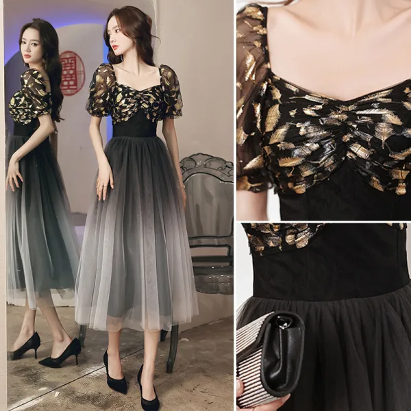 Fashion Black Homecoming Printing Graduation Dresses 2021 A-Line / Princess Square Neckline Short Sleeve Tea-length Formal Dresses