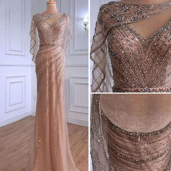 Luxury / Gorgeous Gold Handmade Beading Rhinestone Evening Dresses 2021 Trumpet / Mermaid V-Neck Sleeveless Backless Floor-Length / Long Evening Party Formal Dresses