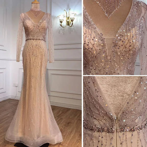 Haut de Gamme Doré Perlage Faux Diamant Paillettes Robe De Soirée 2021 Trompette / Sirène V-Cou Manches Longues Dos Nu Longue Soirée Robe De Ceremonie