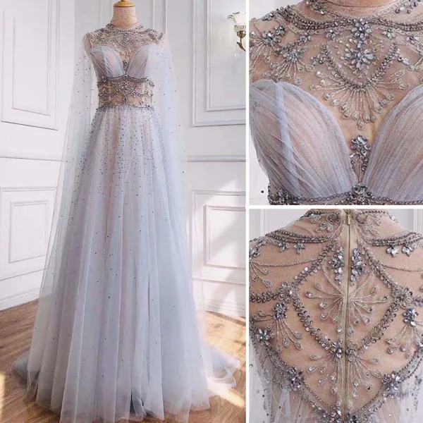 Luxury / Gorgeous High-end Grey Beading Sequins Rhinestone Evening Dresses 2021 A-Line / Princess Scoop Neck Short Sleeve Evening Party Sweep Train Formal Dresses