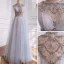 Luxury / Gorgeous High-end Grey Beading Sequins Rhinestone Evening Dresses 2021 A-Line / Princess Scoop Neck Short Sleeve Evening Party Sweep Train Formal Dresses