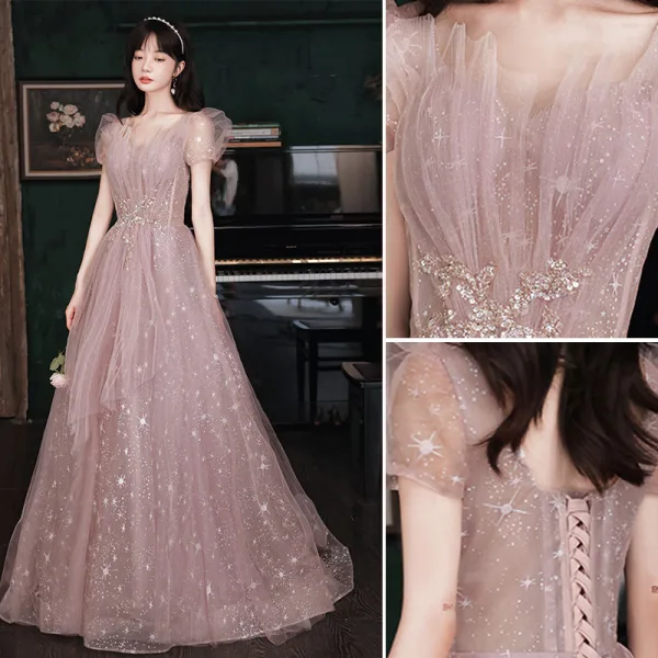 Charming Dusky Pink Prom Dresses 2021 A-Line / Princess V-Neck Glitter Star Beading Sequins Puffy Short Sleeve Backless Floor-Length / Long Formal Dresses
