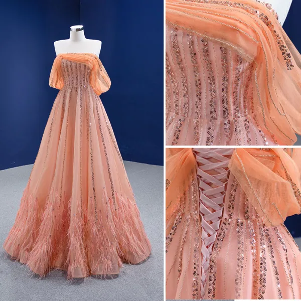 High-end Pearl Pink Beading Rhinestone Sequins Prom Dresses 2021 A-Line / Princess Off-The-Shoulder Short Sleeve Backless Prom Floor-Length / Long Formal Dresses