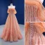 High-end Pearl Pink Beading Rhinestone Sequins Prom Dresses 2021 A-Line / Princess Off-The-Shoulder Short Sleeve Backless Prom Floor-Length / Long Formal Dresses