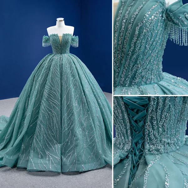 Charmant Vert Citron Perlage Gland Faux Diamant Paillettes Robe De Bal 2021 Robe Boule De l'épaule Manches Courtes Dos Nu Chapel Train Robe De Ceremonie