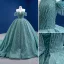 Charmant Vert Citron Perlage Gland Faux Diamant Paillettes Robe De Bal 2021 Robe Boule De l'épaule Manches Courtes Dos Nu Chapel Train Robe De Ceremonie