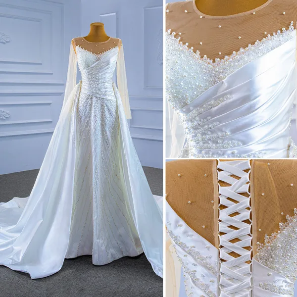 High-end White Beading Pearl Wedding Dresses 2021 Trumpet / Mermaid Scoop Neck Long Sleeve Backless Royal Train Wedding