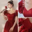 Elegant Burgunder Beading Perle Ballkjoler 2021 Prinsesse Satin Firkantet Hals Puffy Korte Ermer Ryggløse Lange Formelle Kjoler